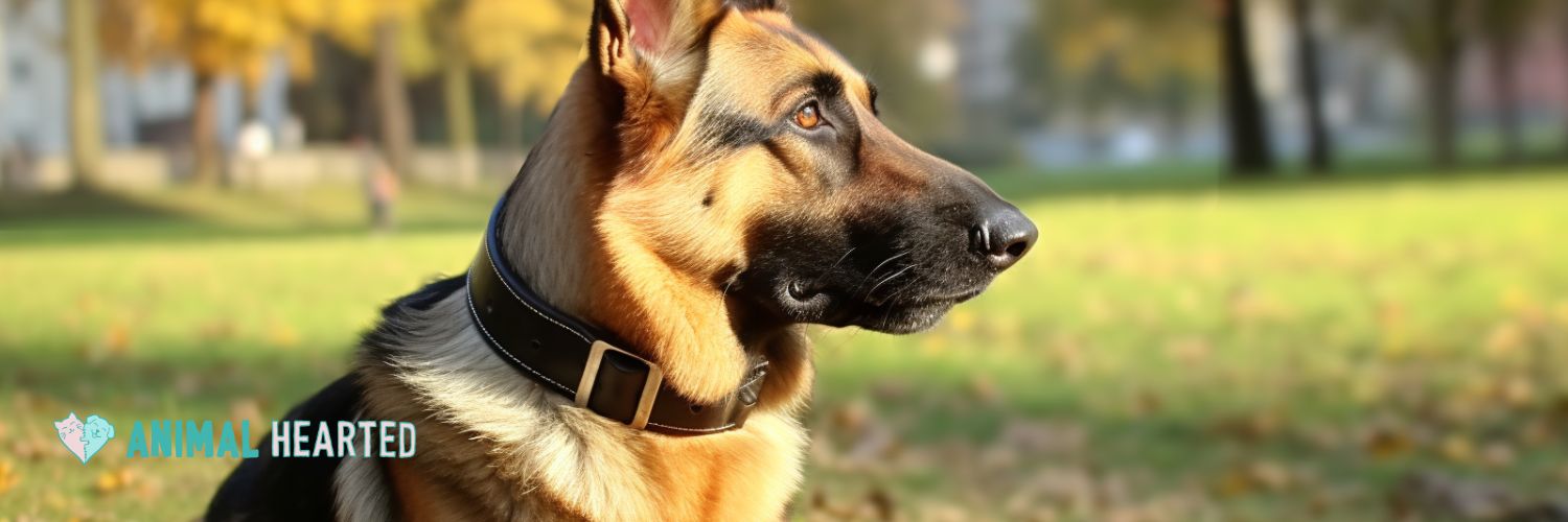 German Shepherd with a collar in a sunny park