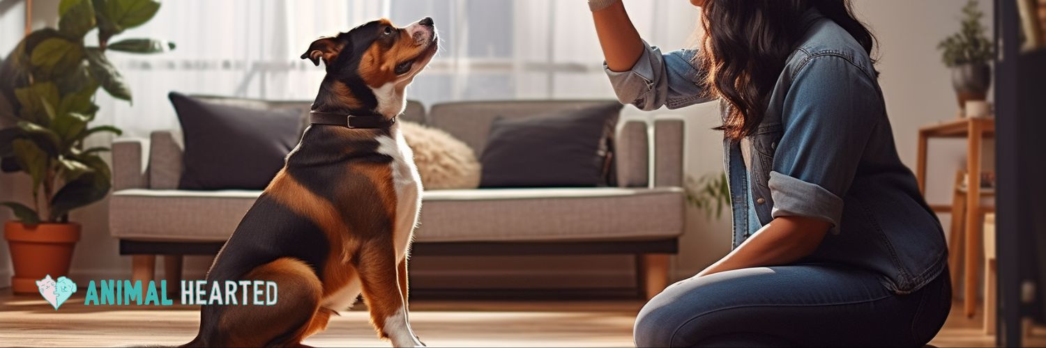 woman training dog at home